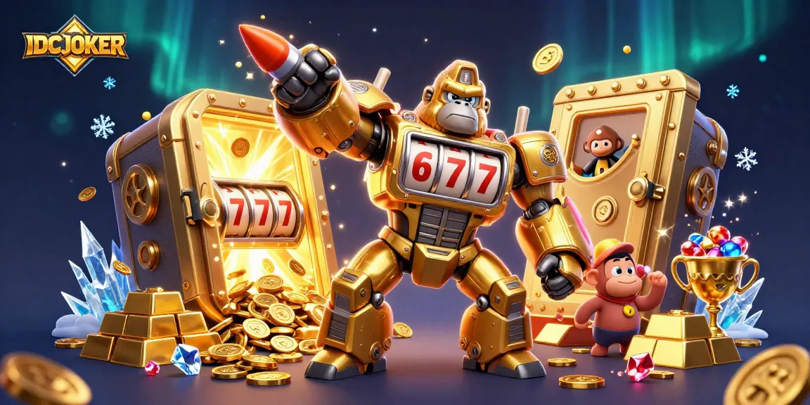 IDCJOKER transforms excitement with a golden gorilla mech in vibrant casino illustration.