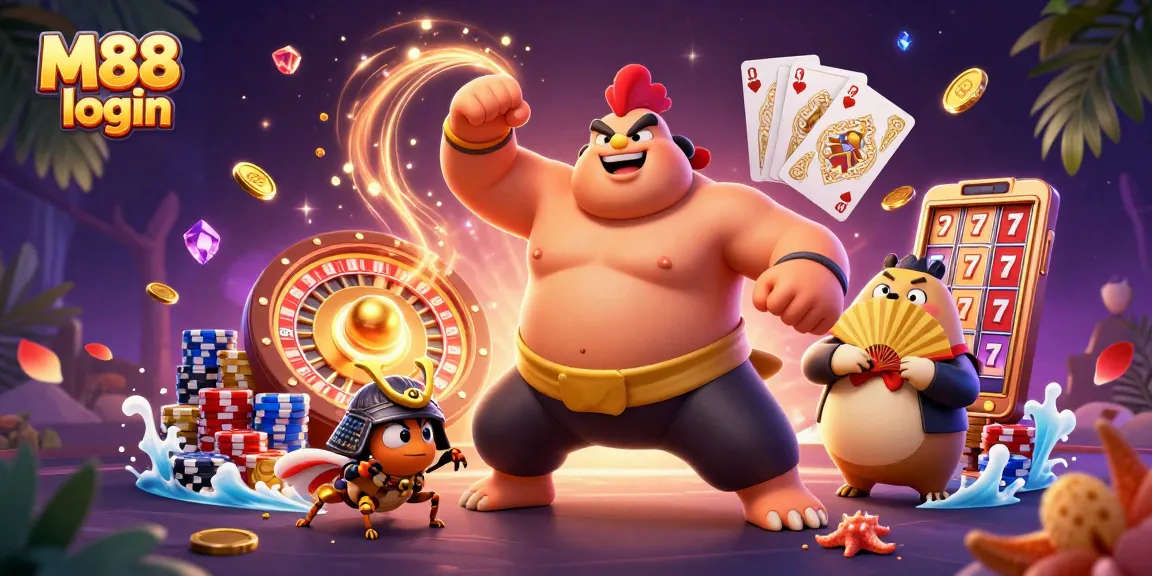 Experience the excitement of M88 login with thrilling casino elements and vibrant characters.