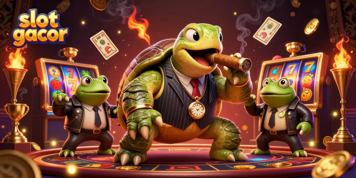 Try your luck with slot gacor in this vibrant casino scene featuring a snapping turtle and bullfrog enforcers.