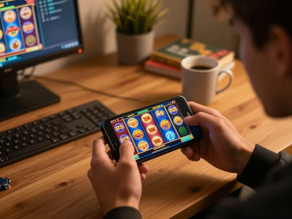 Engaging in slot depo 10k mobile gaming, warm home office atmosphere with vibrant graphics on the smartphone.