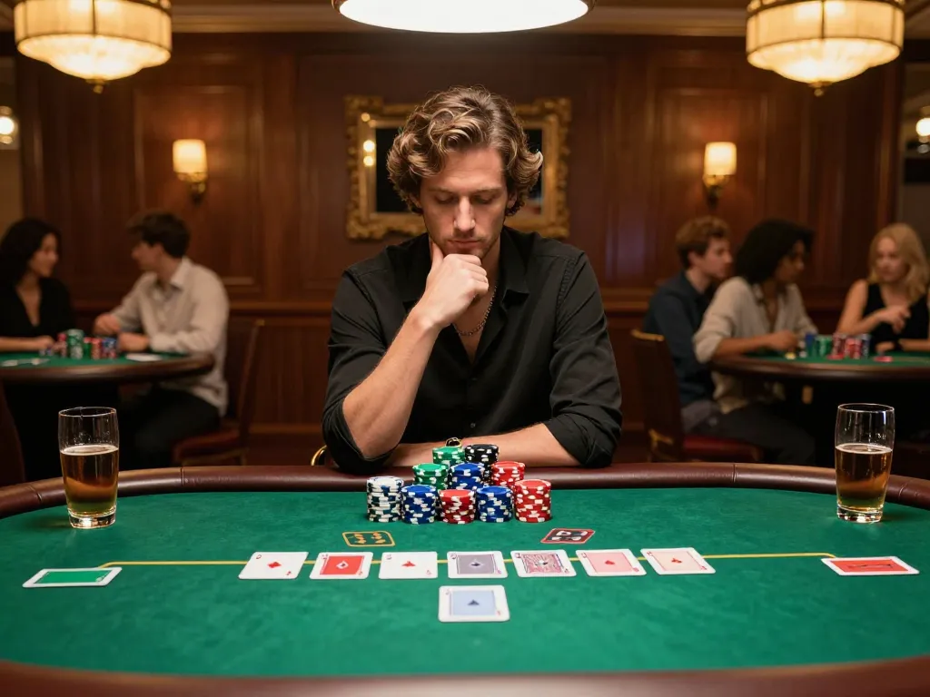 Player strategizing at a casino poker table, showcasing tor hidden wiki insights on gaming tactics.