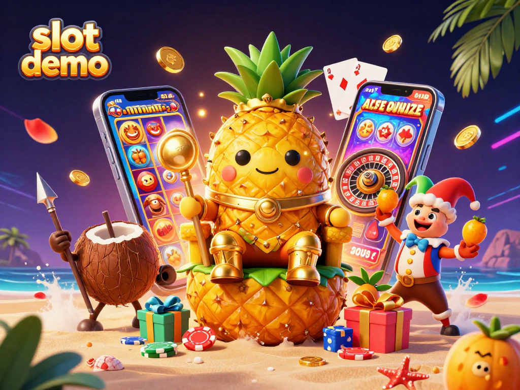 Slot demo menampilkan raja nanas emas dengan tombol slot di sekitar pantai kasino.