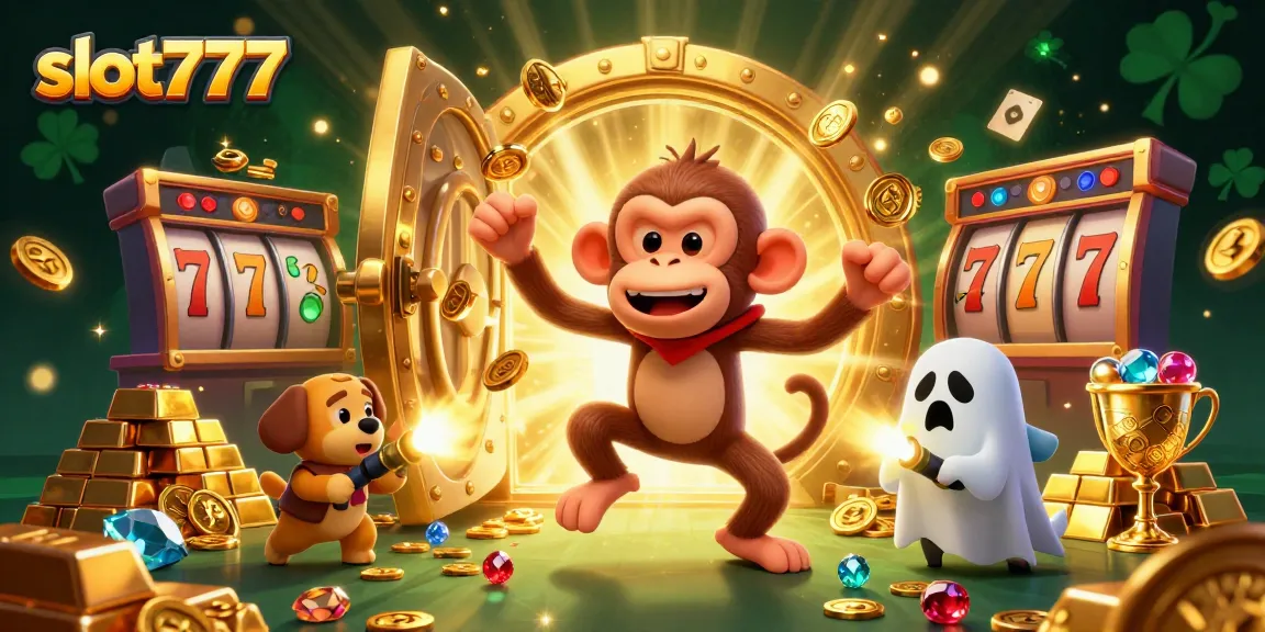 Experience the thrill of slot777 with a mischievous poltergeist monkey juggling golden treasures in a haunted casino.