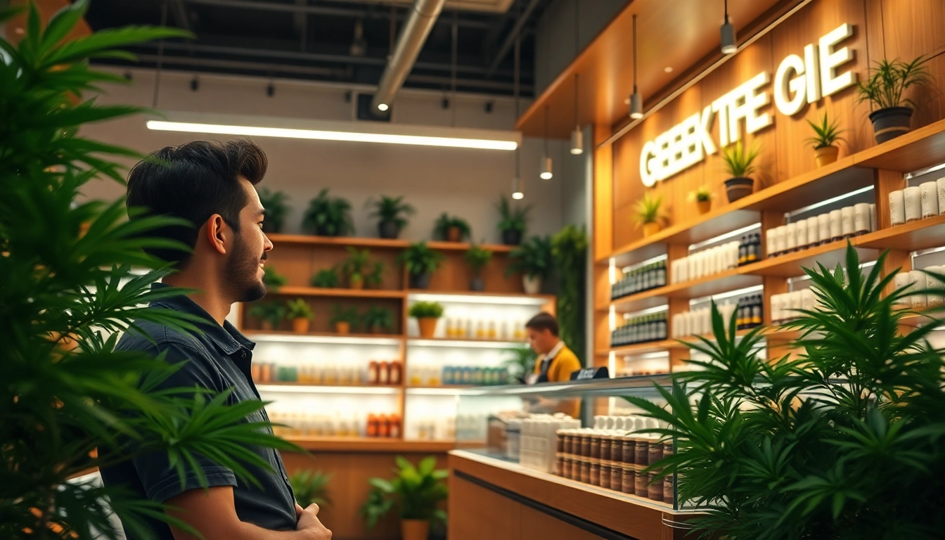 Engaging atmosphere in a GEEK THC dispensary showcasing vibrant products and welcoming staff.