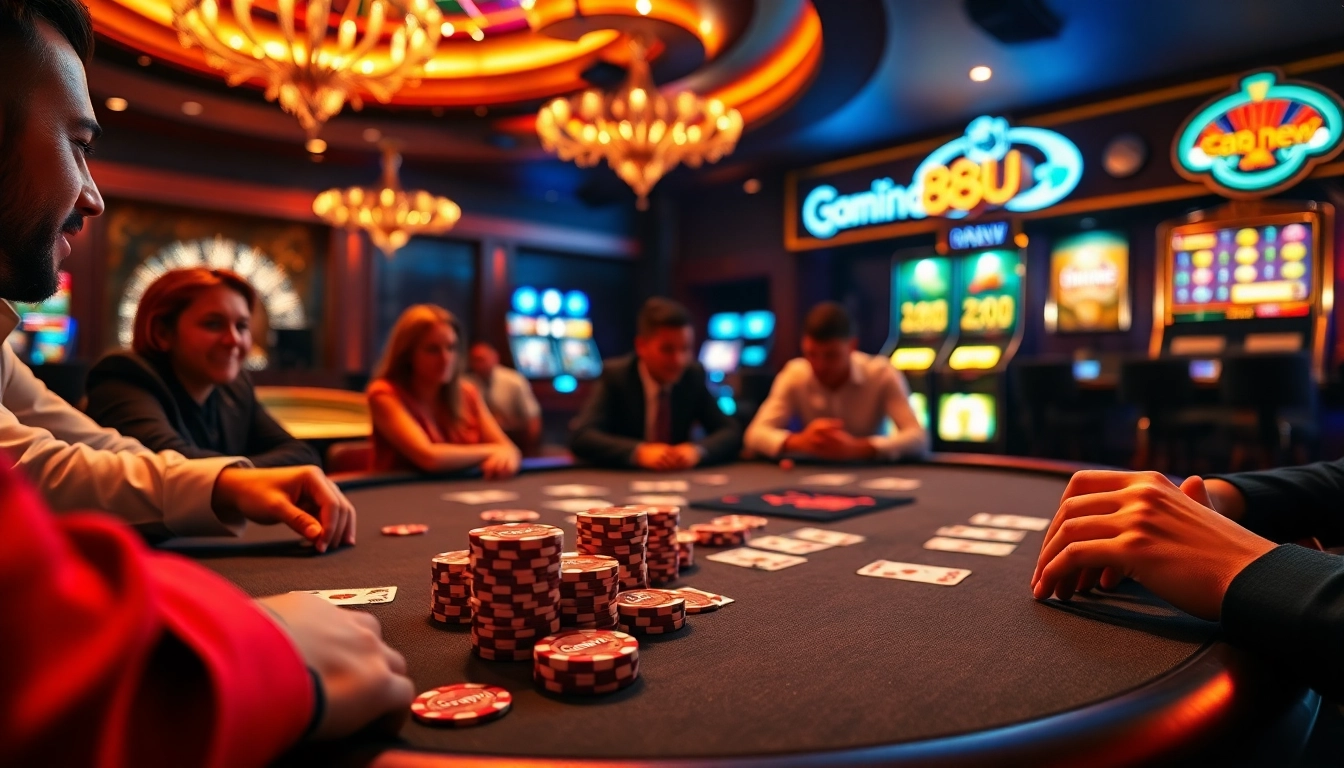 Players at an upscale poker table featuring 888new chips, showcasing excitement and strategy.