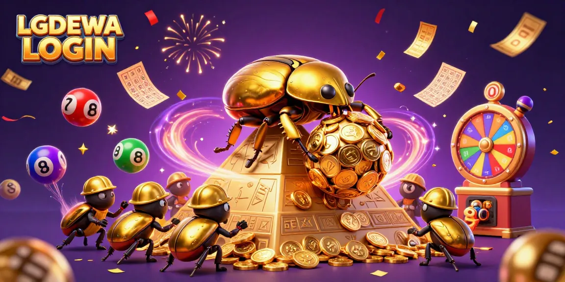Experience LGODEWA LOGIN with a vibrant, dynamic casino-themed illustration featuring fun elements of gaming and luck.