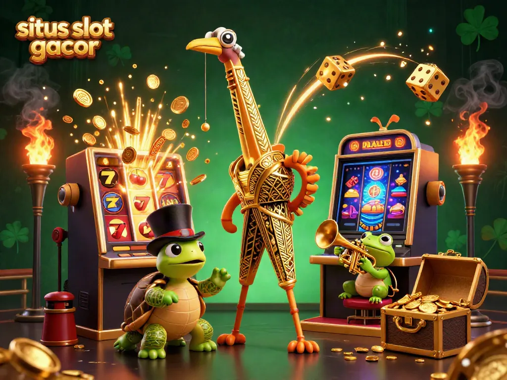 Gambaran situs slot gacor dengan karakter kartun dan mesin slot yang penuh harta, penuh energi.