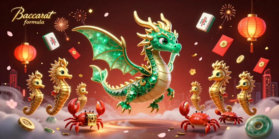 Experience the Baccarat formula strategy through a vibrant 3D casino illustration featuring mythical creatures and festive elements.