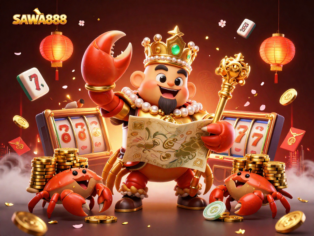 Sawa888's vibrant slot-themed 3D casino illustration captures dynamic gameplay with a golden crab emperor.