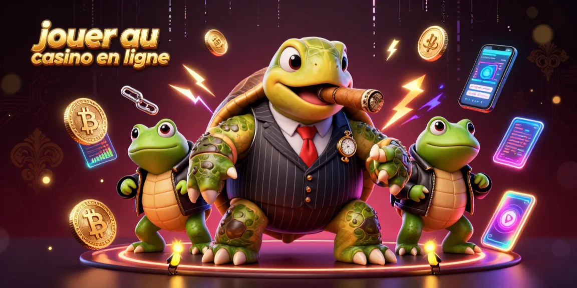 Jouez au casino en ligne avec une tortue habillée en gangster, entourée de personnages et d'éléments de jeux d'argent.