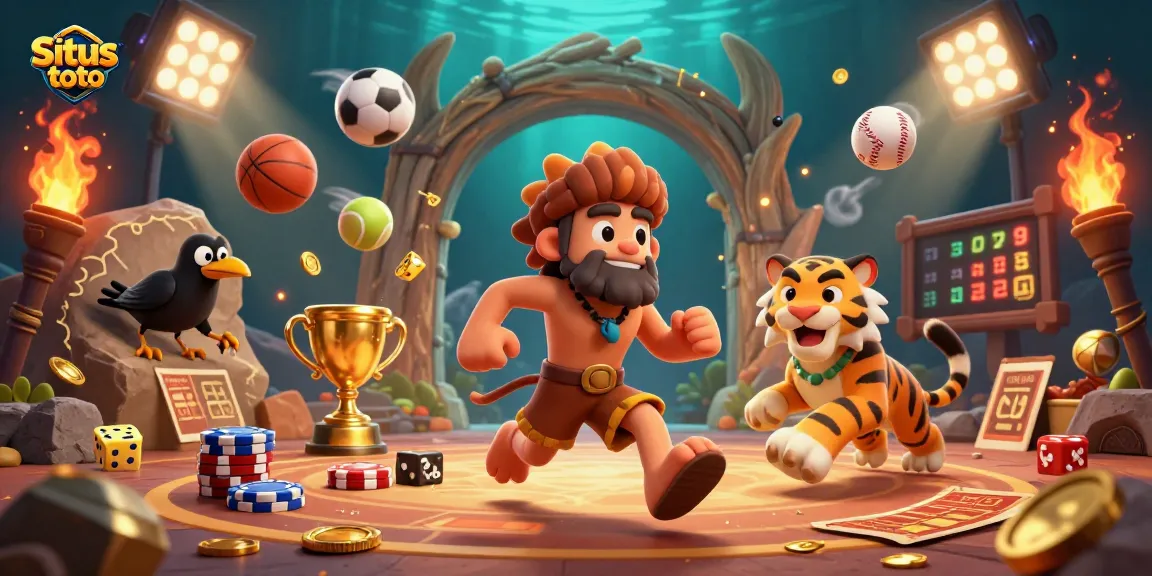 Situs toto showcase with a caveman and sabertooth duo amid vibrant casino elements.