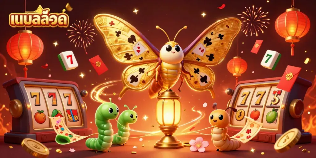 Experience the thrill of แบบสล็อต with a dazzling 3D scene of a majestic moth and vibrant casino elements.