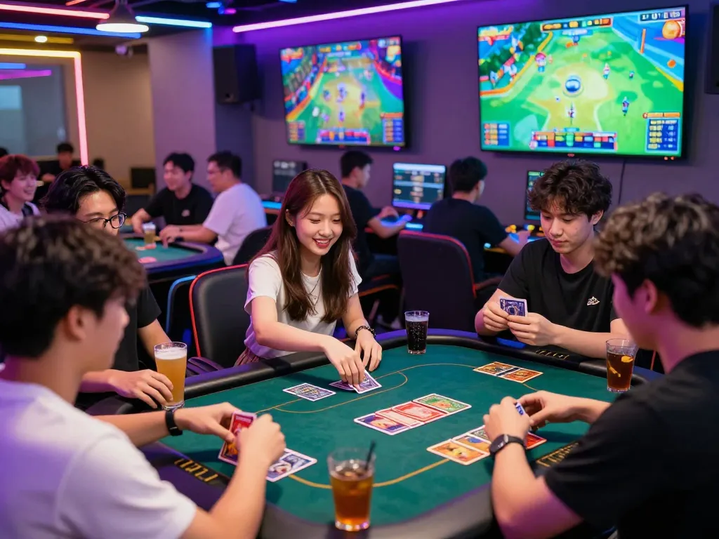 xổ số hubet88 players fully engaged in a vibrant online gaming lounge, showcasing excitement and dynamic atmosphere.