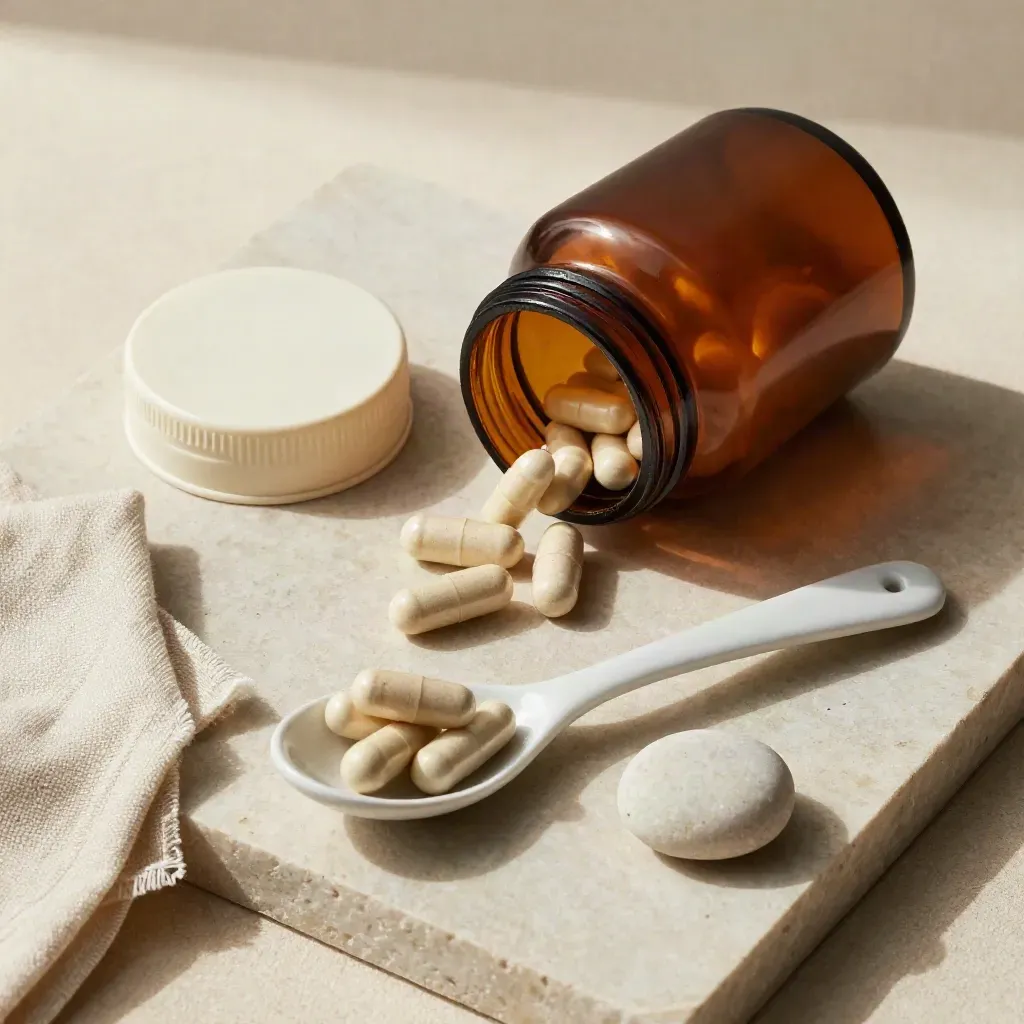 Overhead capsules jar, spoon, linen, and pebble on pale stone in soft calm light.