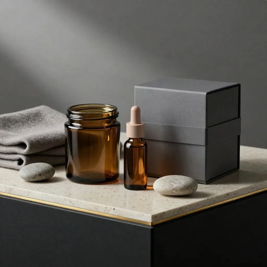Unbranded CBD sleep bundle on travertine with tincture, gummies jar, box, cloth and pebbles in dramatic light