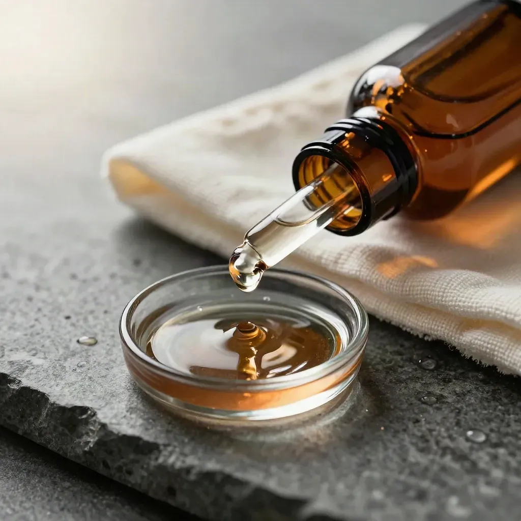 CBD oil dropper above a glass dish on wet stone with cream muslin and condensation.