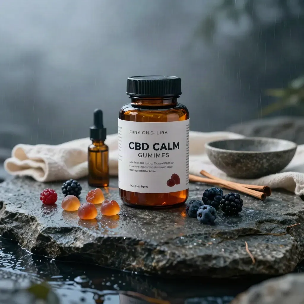 Amber CBD gummies jar with tincture, linen, stone bowl and cedar sprig on rain-dark stone at blue hour.