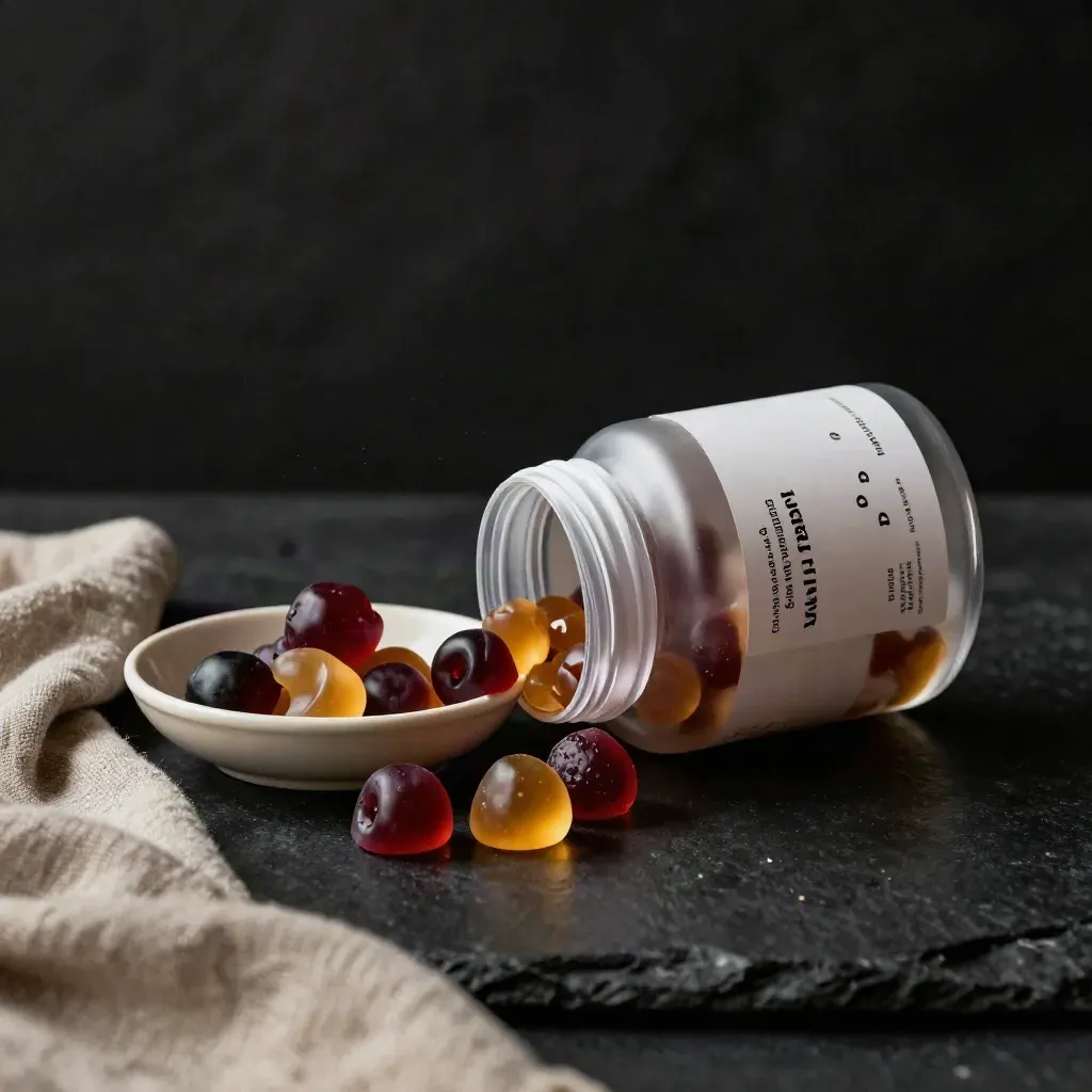 Tipped berry gummies jar beside a ceramic dish and linen wave on matte black, lit with haze.