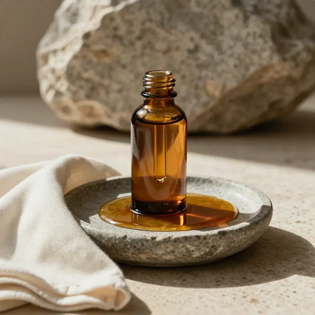 Amber tincture bottle with dropper hovering over a stone dish and cream cloth on travertine