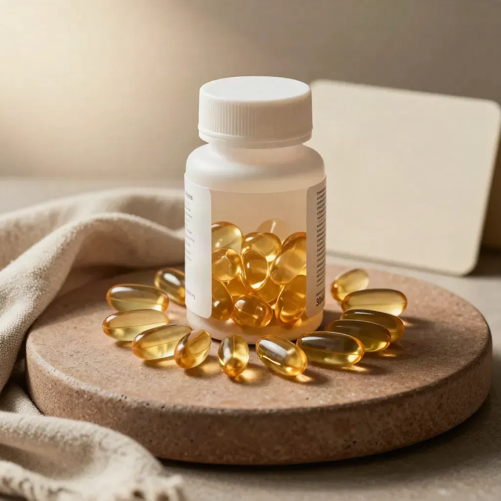 Softgel capsule jar with capsules in a circle on linen and stone, calm premium wellness still life