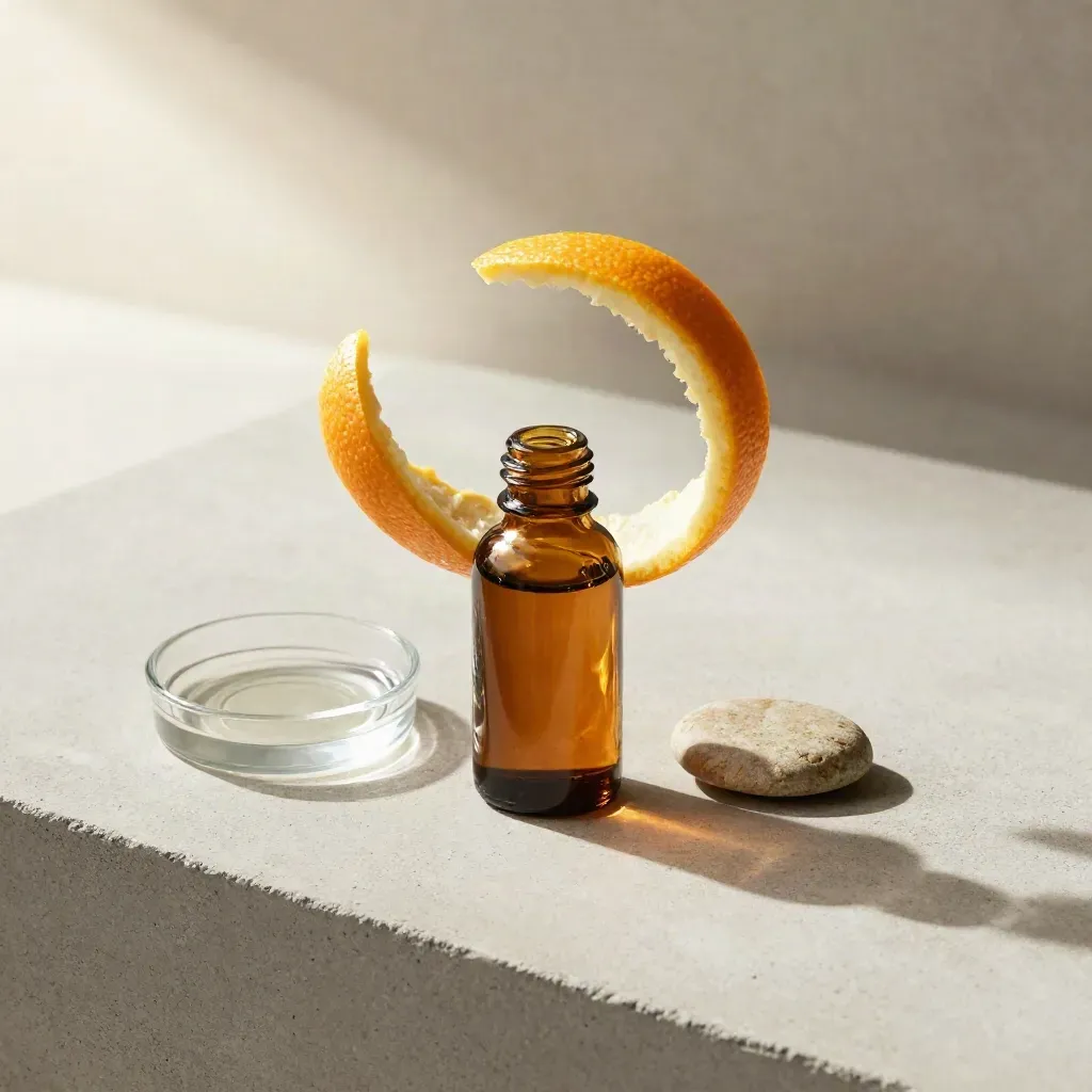 Amber CBD oil bottle with citrus peel curls, glass dish and stone on pale concrete.