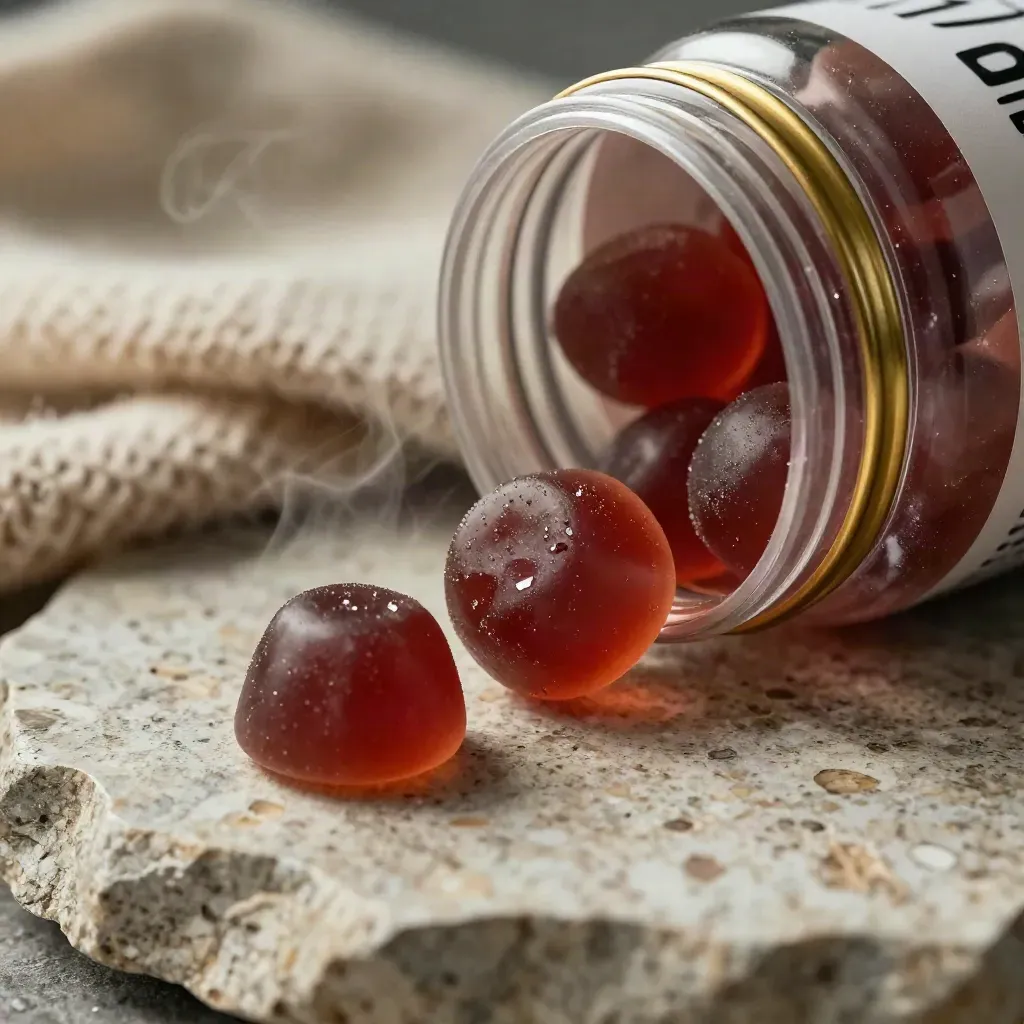 Half-open gummies jar on travertine with glossy gummies, wool cloth, and gold highlights.
