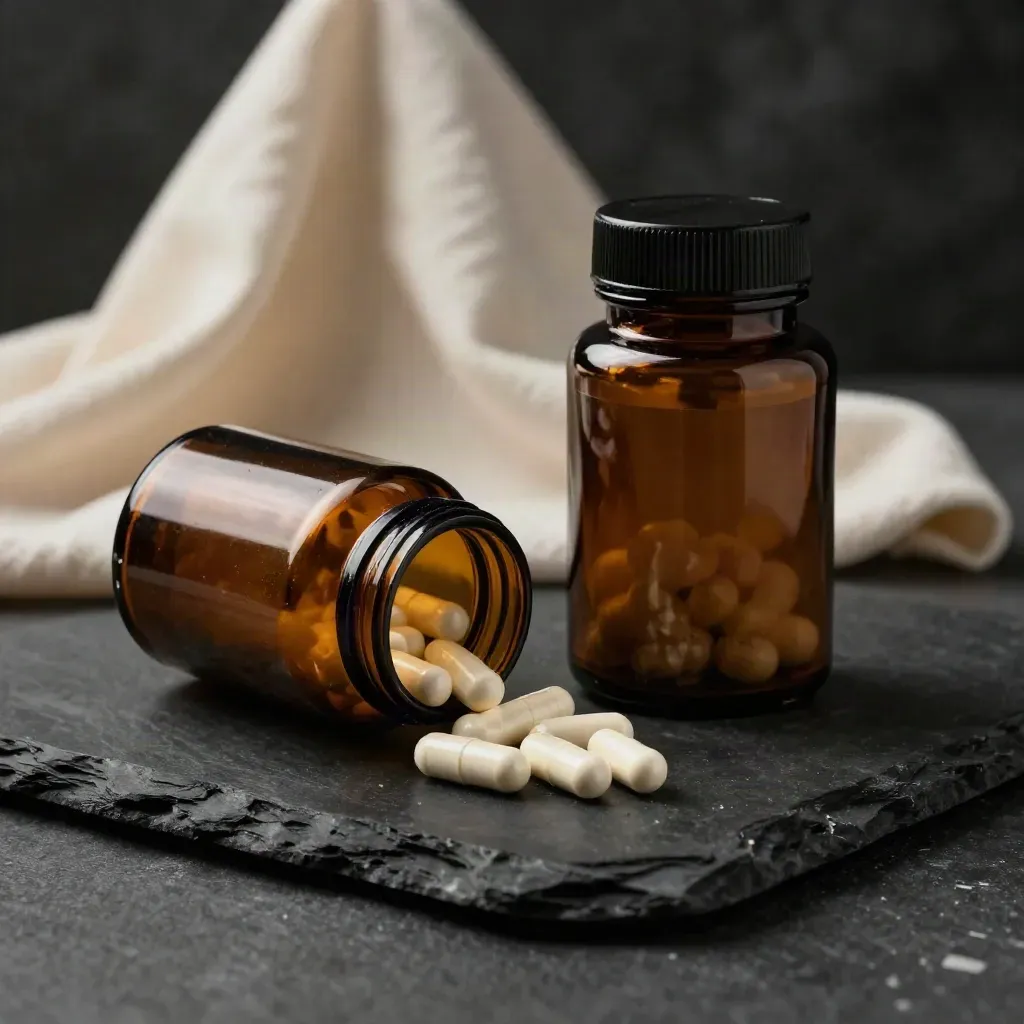 Dark studio jar of extra strength CBD capsules with rolling capsules and draped cream cloth