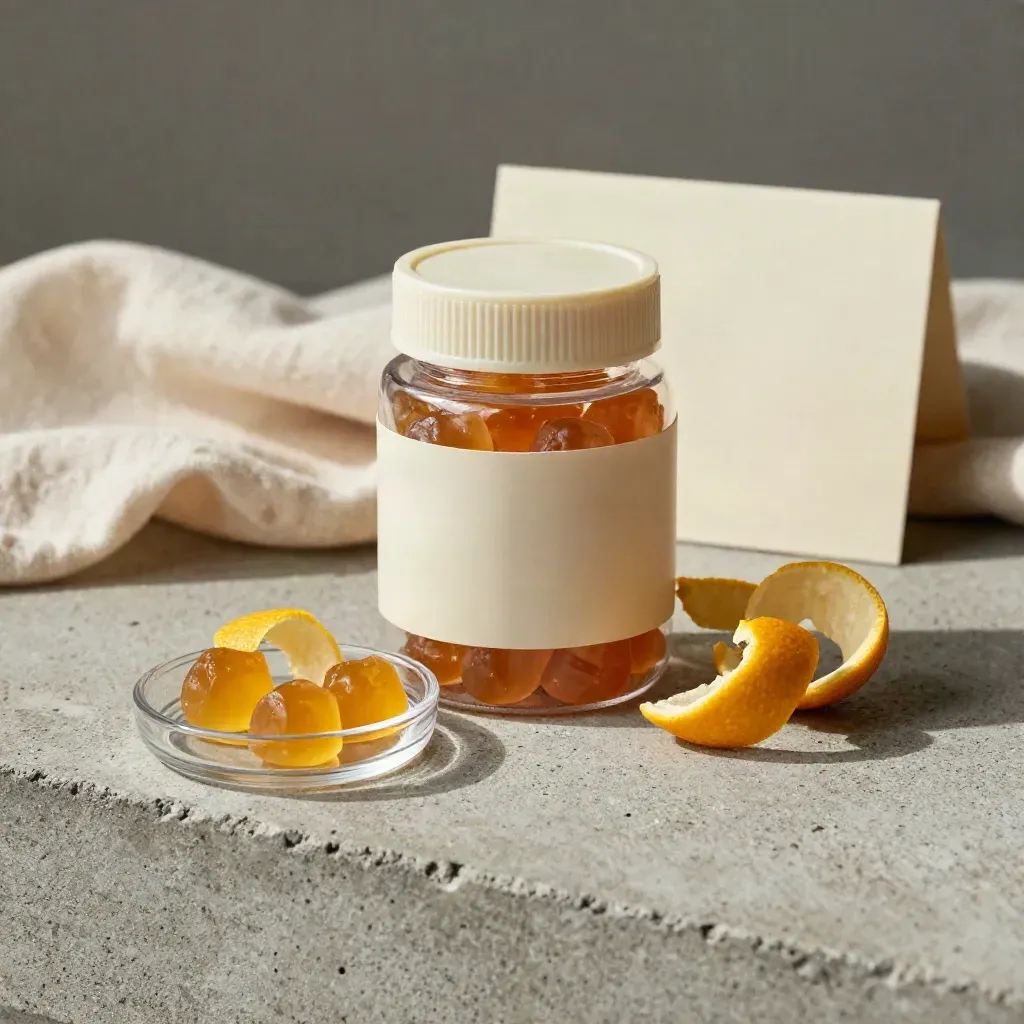 Unbranded citrus gummies jar with peel curls, glass dish, and linen on cool stone.