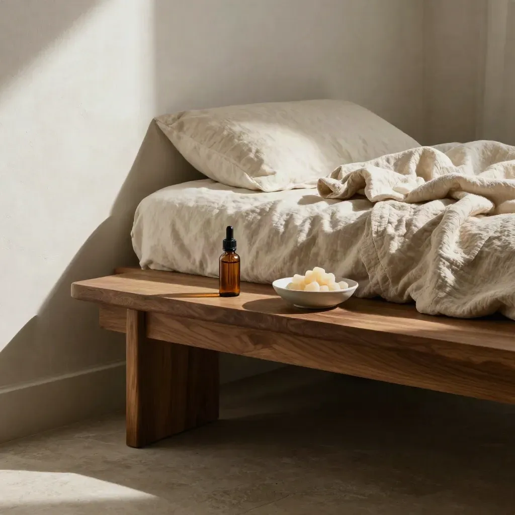 Sunlit bedroom corner with linen bedding, oak bench, ceramic bowl and CBD tincture bottle.