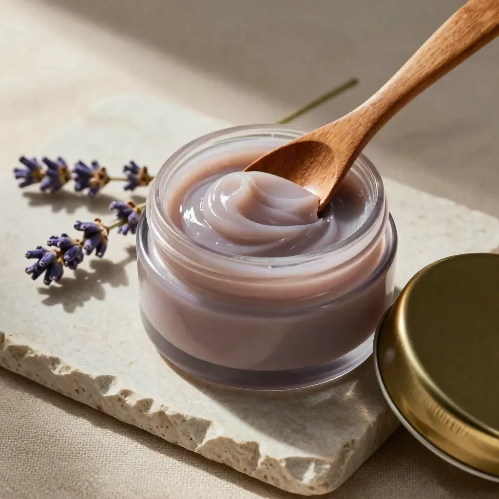 Macro of open lavender balm jar on linen and stone with wooden spoon, gold lid, and lavender sprig