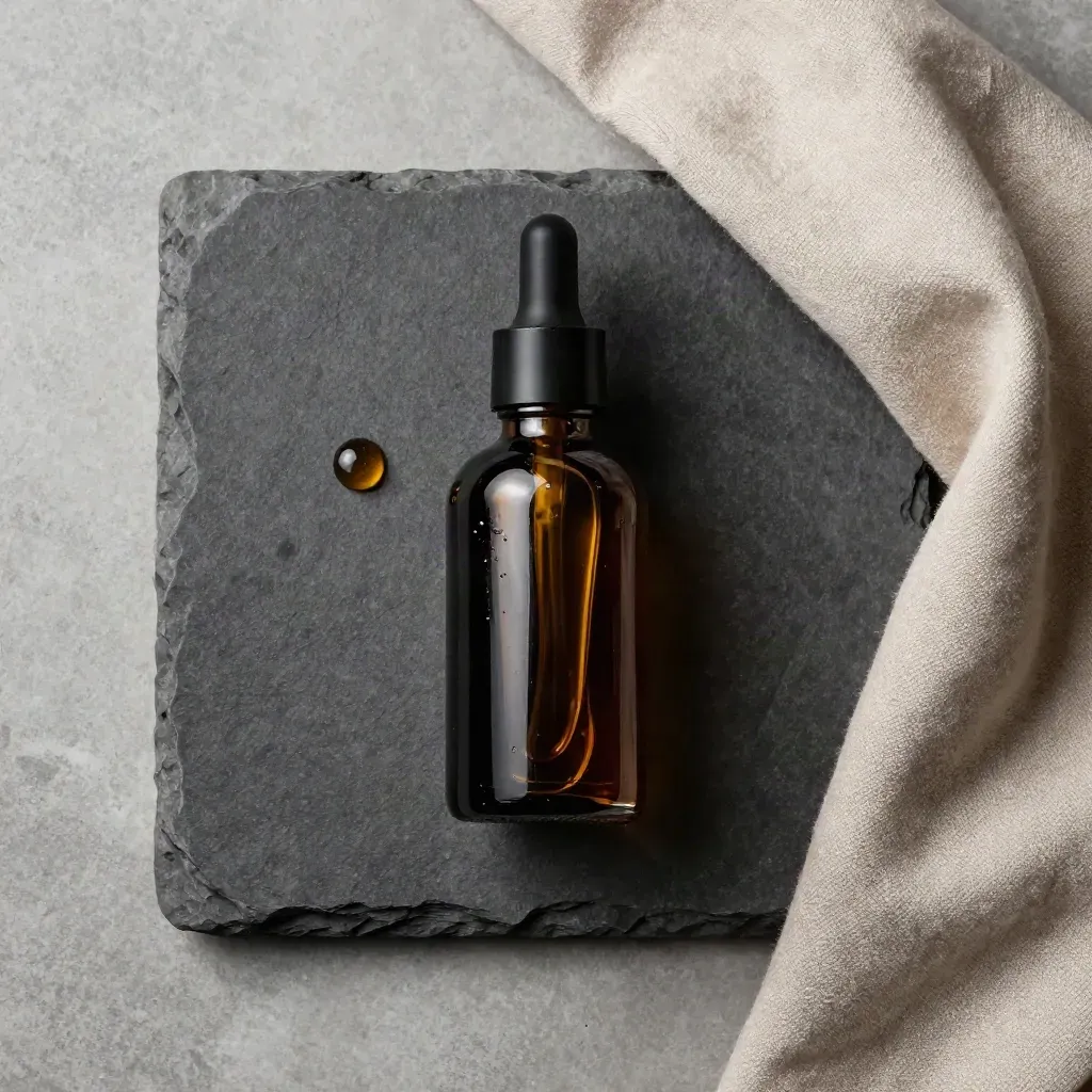 Overhead flatlay of a dark oil bottle, suspended drop, stone slab, and folded muslin.