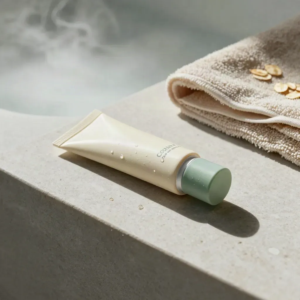 Cooling roll-on gel tube beside chilled stone, towel edge, and misty spa vapor.