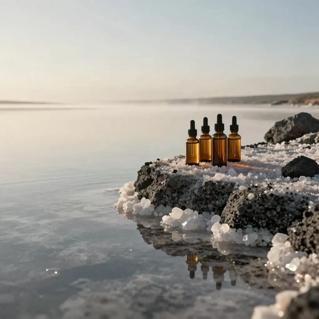 Amber CBD oil bottles on a salt-flat ledge above calm misty water