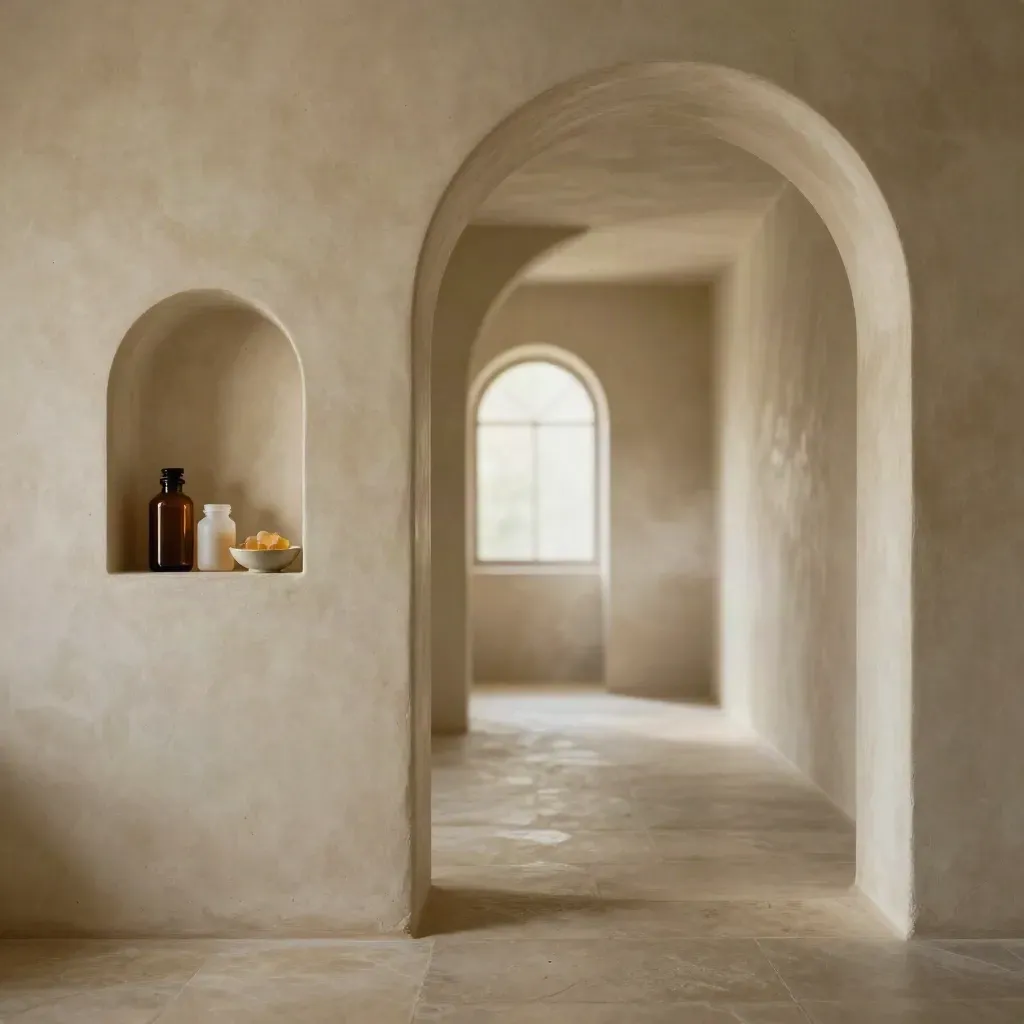 Plaster corridor with arched glow, stone floor, and small CBD wellness products in a niche.