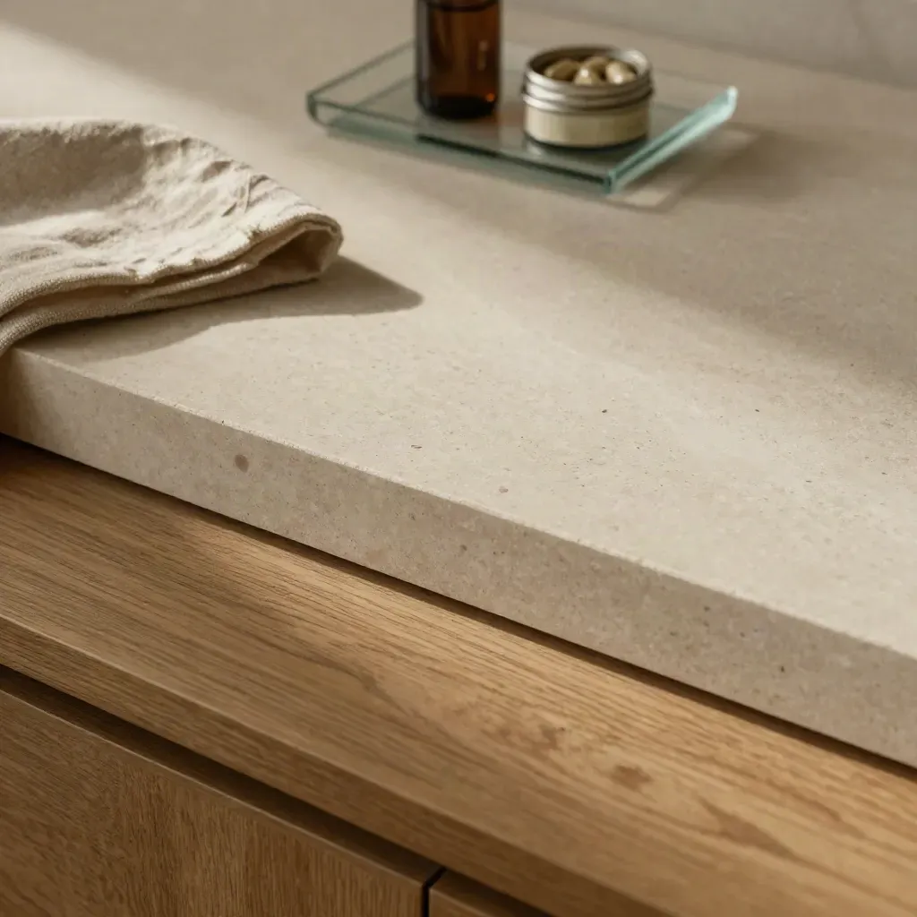 Travertine and oak surface with folded linen, soft shadow, and a calm sunbeam