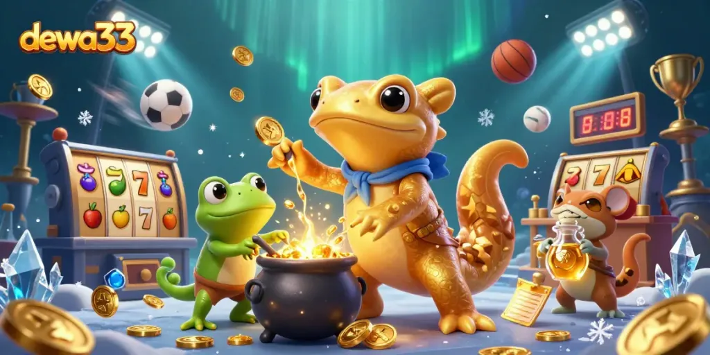 Dewa33 gamblers experience thrilling slot action with vibrant gold coins and lively characters