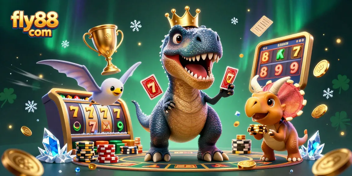 Experience dynamic gambling excitement at fly88 com with colorful 3D characters, slot reels, and golden tokens.
