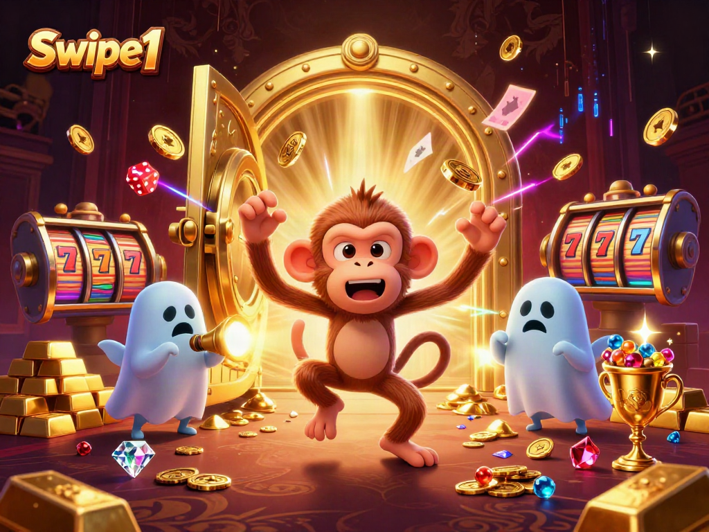 Experience excitement with Swipe1 as the playful poltergeist and golden treasures come alive in a haunted casino scene.