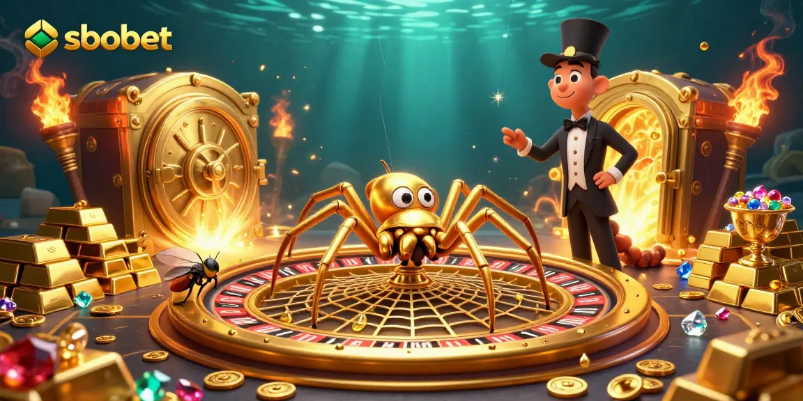 Engage with sbobet as a fly nervously places bets on a roulette web spun by a golden spider.