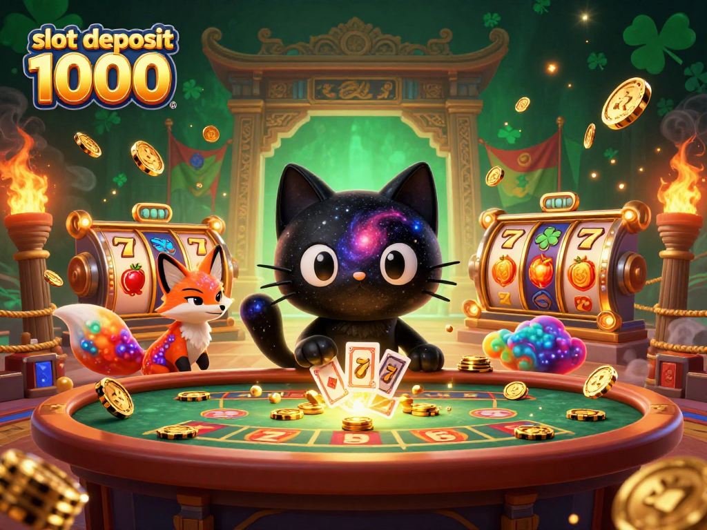 Slot deposit 1000 saat menarik chip emas dengan kucing black hole di meja kasino cosmic.