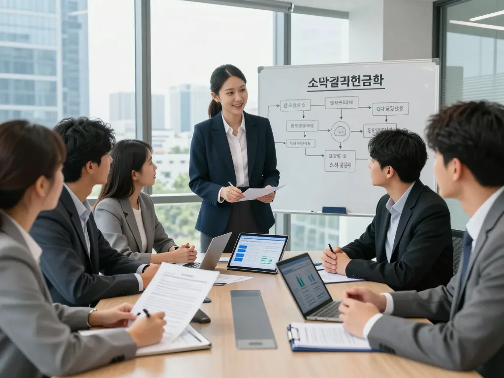 Consultant guiding clients through the process of 소액결제현금화 in a professional office setting, highlighting collaboration and trust.
