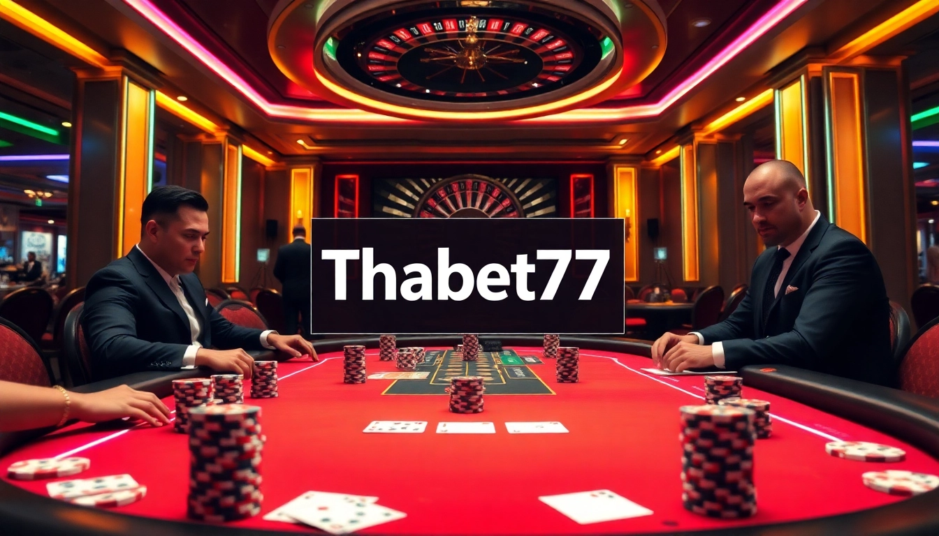 Professional players compete at a poker table with Thabet77 branding, showcasing vibrant casino excitement.