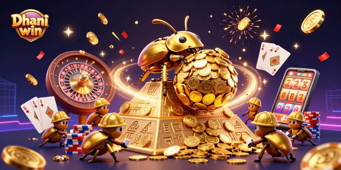 Dhani win showcases thrilling gaming action with golden coins, beetles, and casino games.