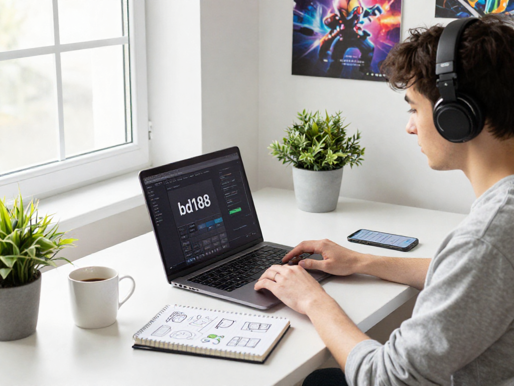 Developer sa bd188 platform gamit ang laptop sa modernong workspace, may kape at notebook.