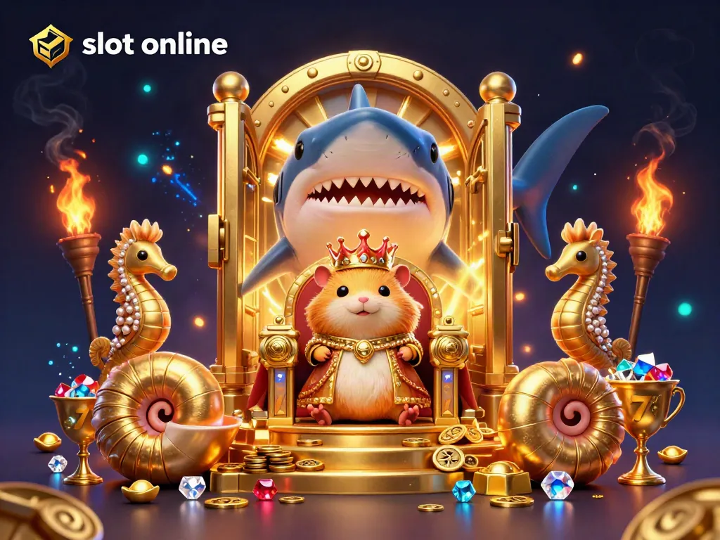Slot online menampilkan raja hamster emas di tahta gigi hiu megaldon dengan elemen kasino yang memukau.