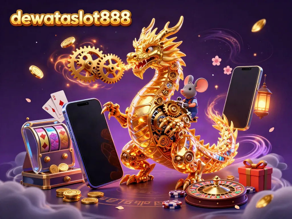 dewataslot888 menciptakan suasana kasino yang meriah dengan naga emas dan elemen permainan slot yang dinamis.