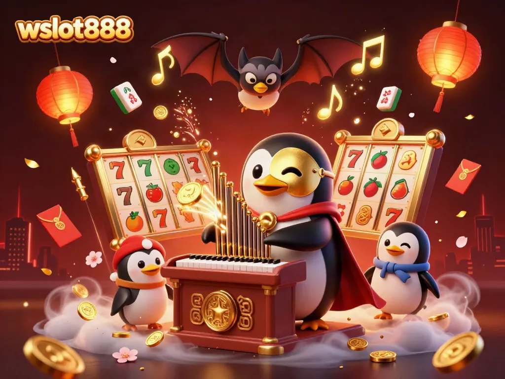 Gambarkan keseruan permainan wslot888 dengan karakter penguin beropera dan suasana kasino yang meriah.