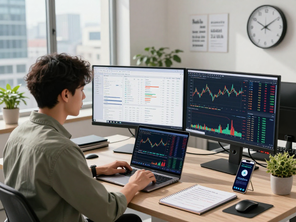 Trader using TradingView on dual monitors in a modern office setup, analyzing stock charts and market data.