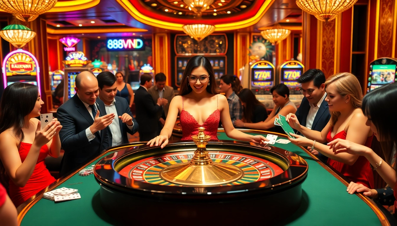 Players enjoying the thrill of 888VND casino games at a luxurious roulette table.