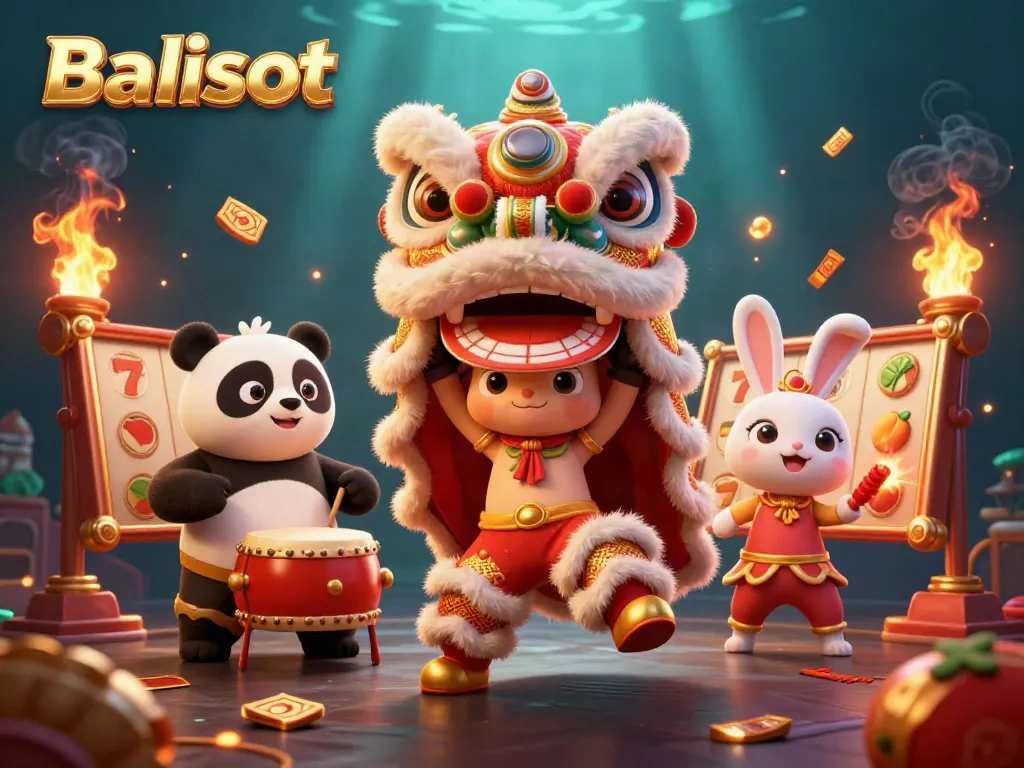 Experience the thrill of Balislot with dynamic slot elements and festive characters in this colorful 3D illustration.